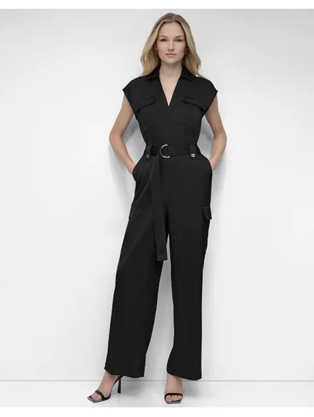 DKNY NWT Black Utility Cargo Wide Leg Jumpsuit Size 14 Belted $139 Quiet Luxury